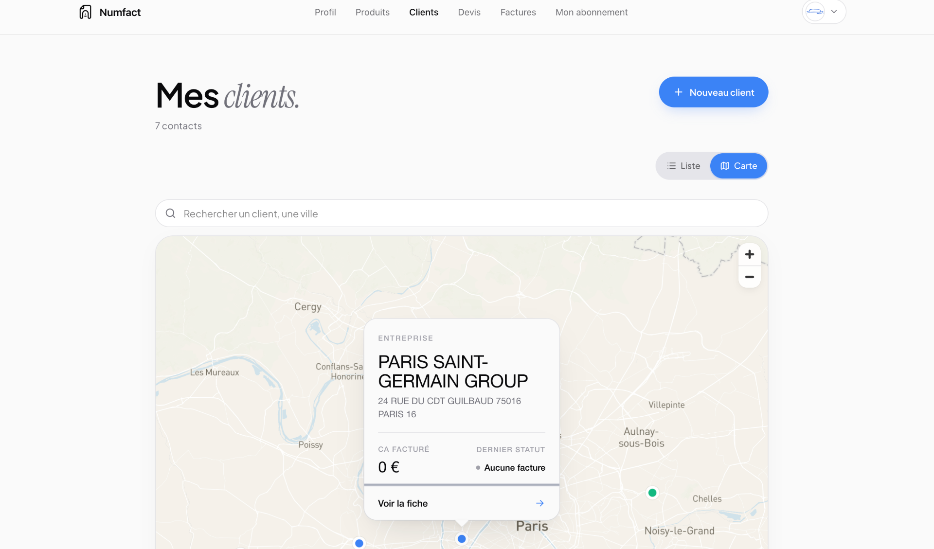 La carte des clients Numfact, avec la fiche d'un client sélectionné à Paris